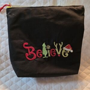 Charming Black 'Believe' Cosmetic Pouch Handcrafted Embroidered